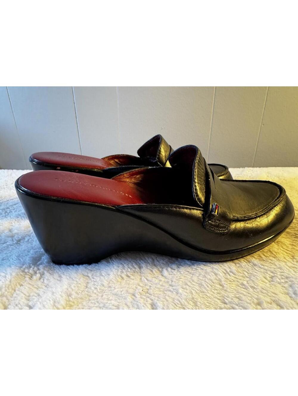 Vintage Tommy Hilfiger Women's Black Leather Mule Clogs Size 9 1990s